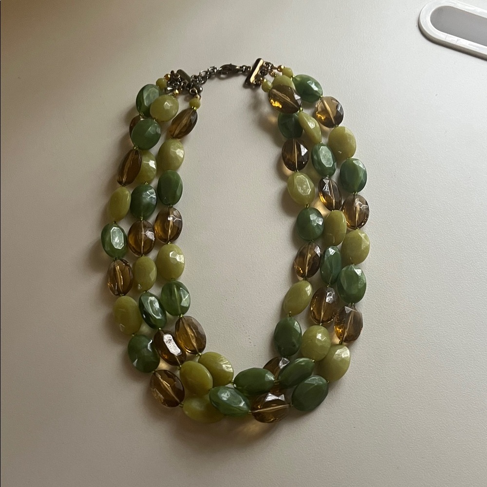 3 for $15 vintage MCM Three-Strand Green & Amber Bead Necklace